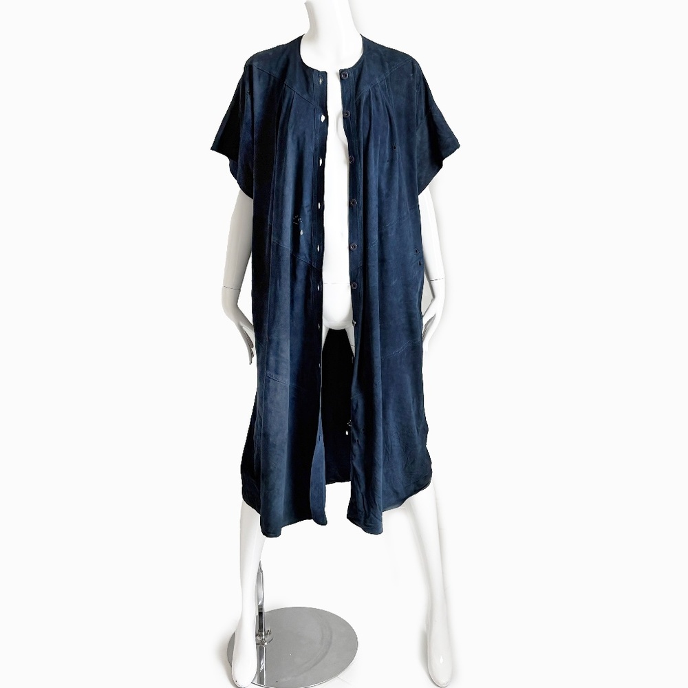 Vintage Jean Muir Blue Punched Suede Leather Coat Dress Rare England Sz 10